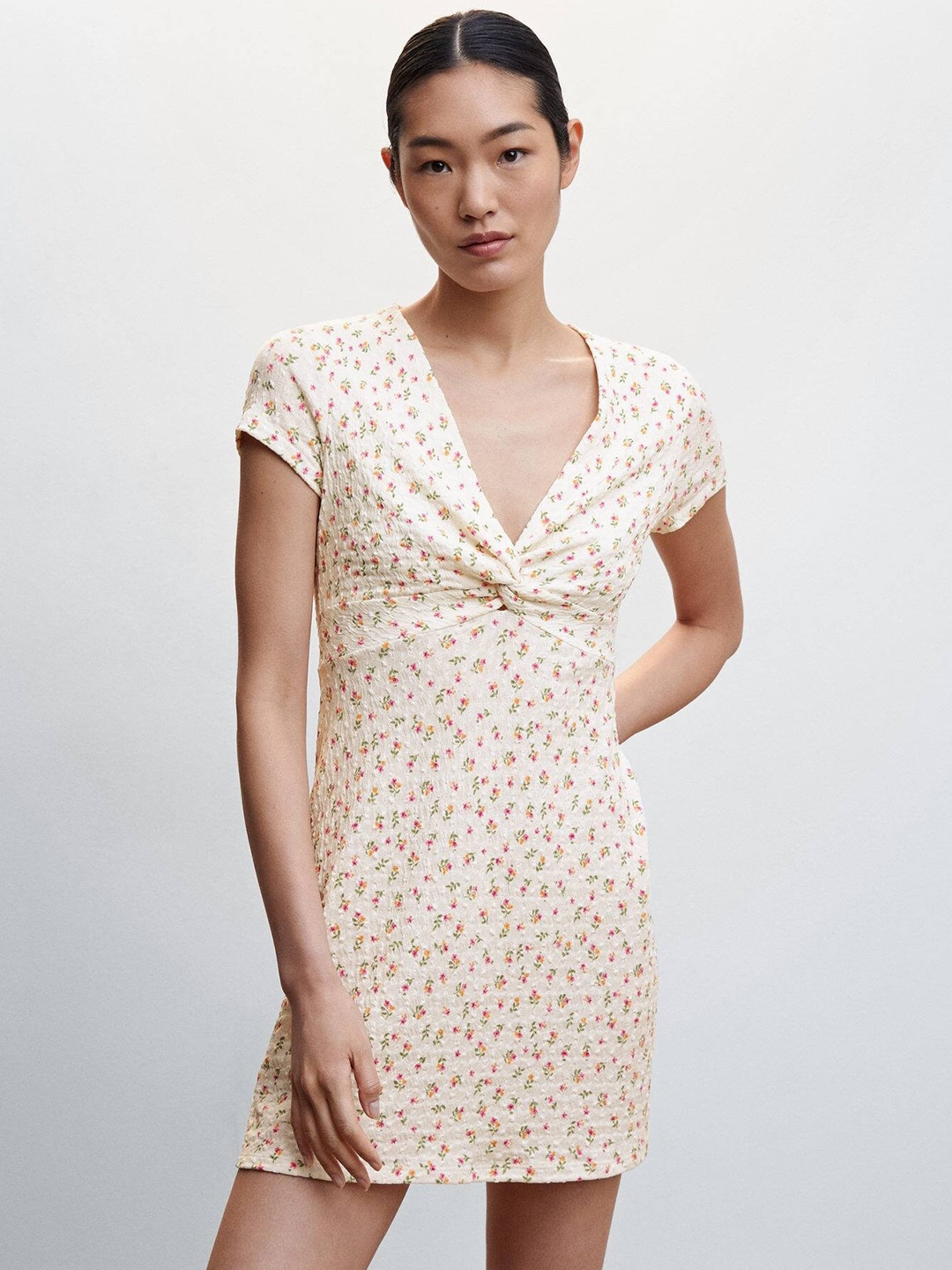 

MANGO Twisted Knot Textured Floral Print A-Line Dress, Cream