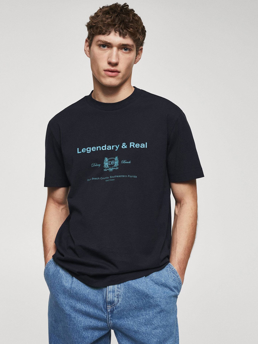 

MANGO MAN Typography Printed Pure Cotton T-shirt, Navy blue