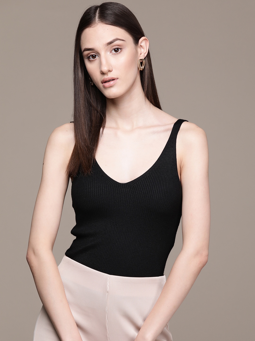 

MANGO Ribbed V-Neck Fitted Top, Blue