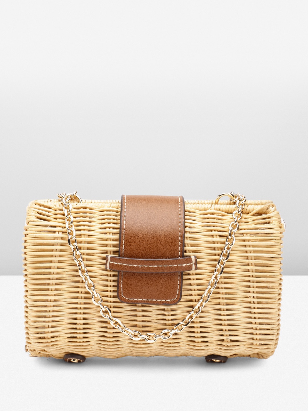 

MANGO Women Structured Bamboo Sling Bag, Beige