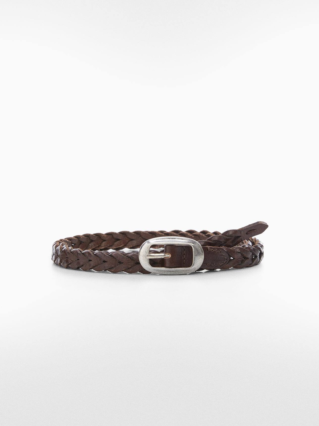 

MANGO Women Leather Braided Slim Belt, Brown