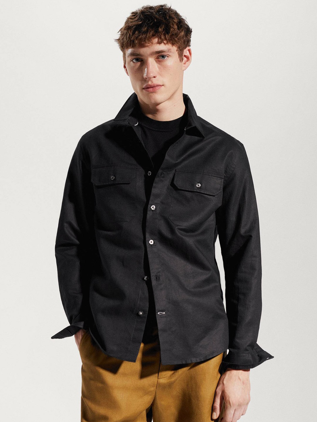 

MANGO MAN Cotton Linen Regular Fit Shirt, Black