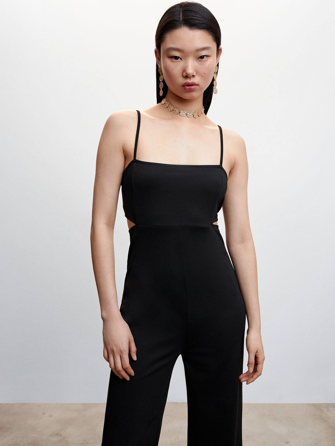 

MANGO Shoulder Straps Cut-Out Detail Jumpsuit, Black