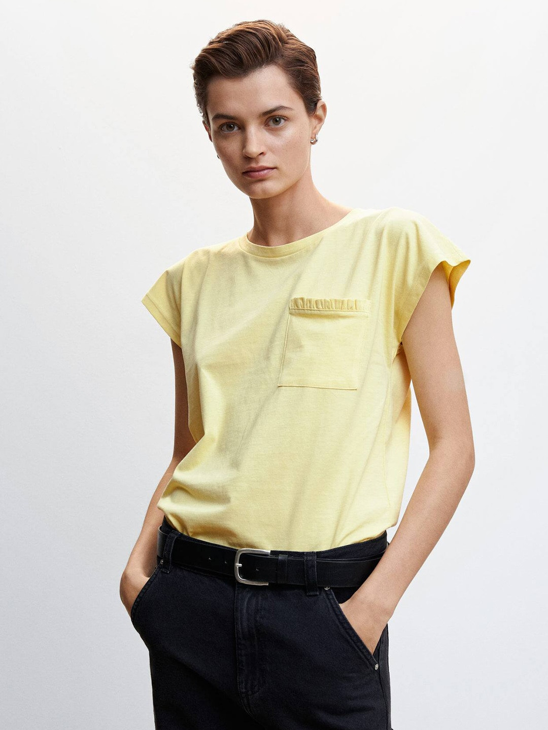 

MANGO Cap Sleeve Pure Cotton T-shirt, Yellow
