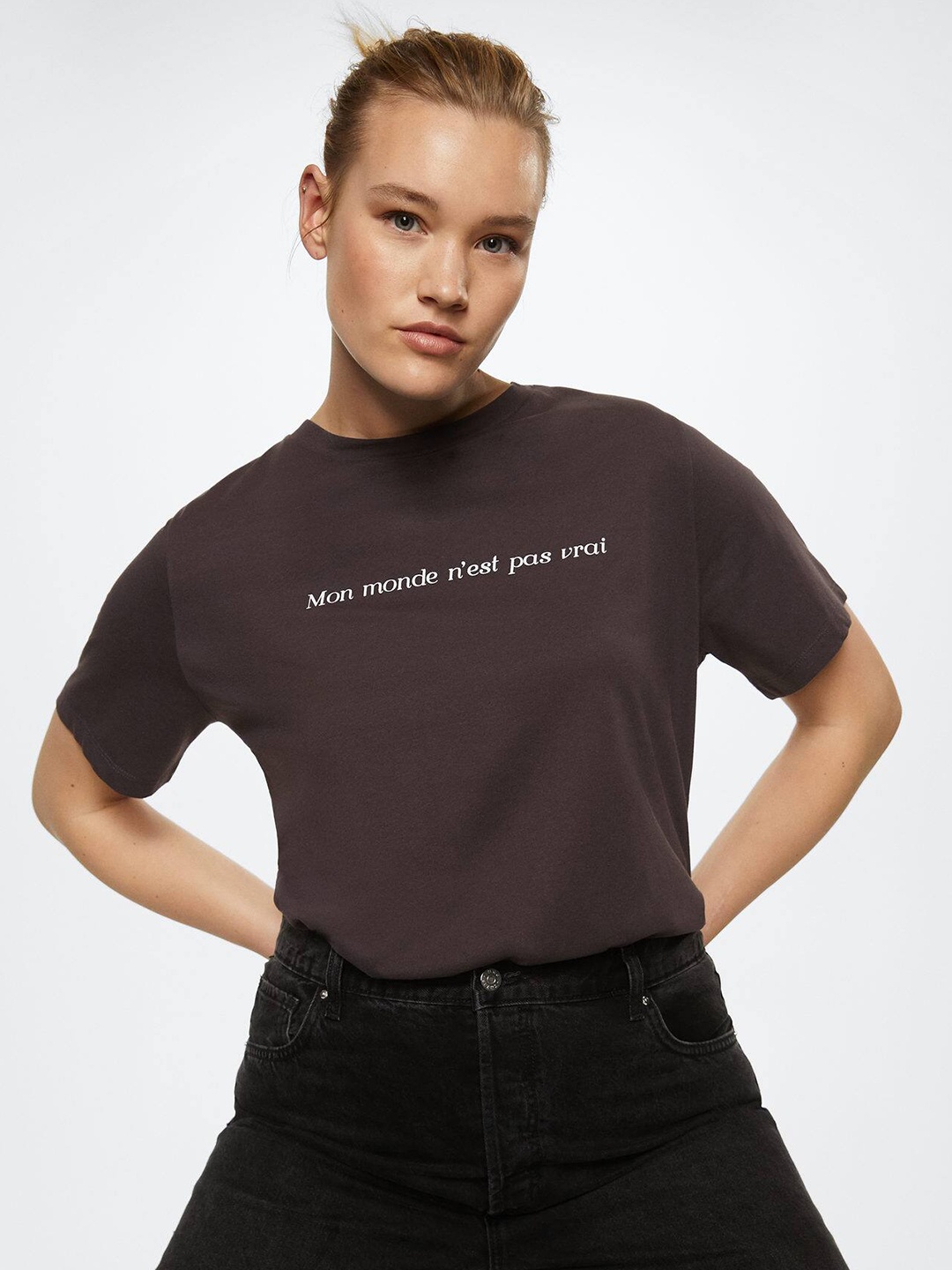 

MANGO Typography Printed Pure Cotton T-shirt, Charcoal