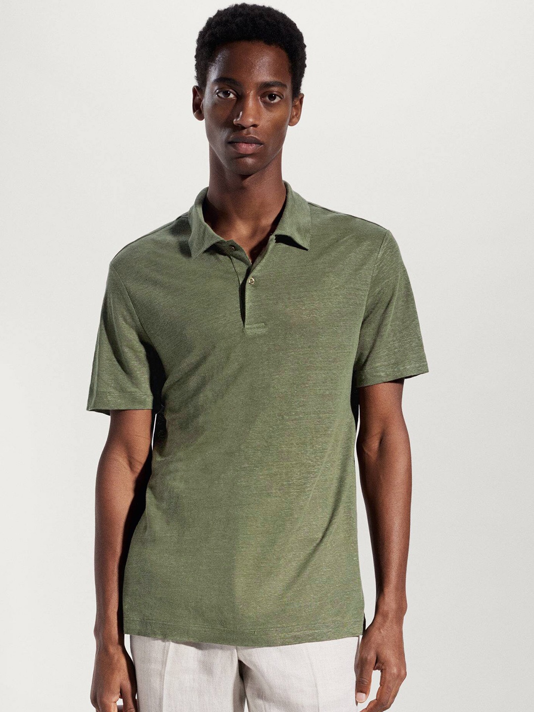 

MANGO MAN Polo Collar Sustainable Linen Slim Fit T-shirt, Olive