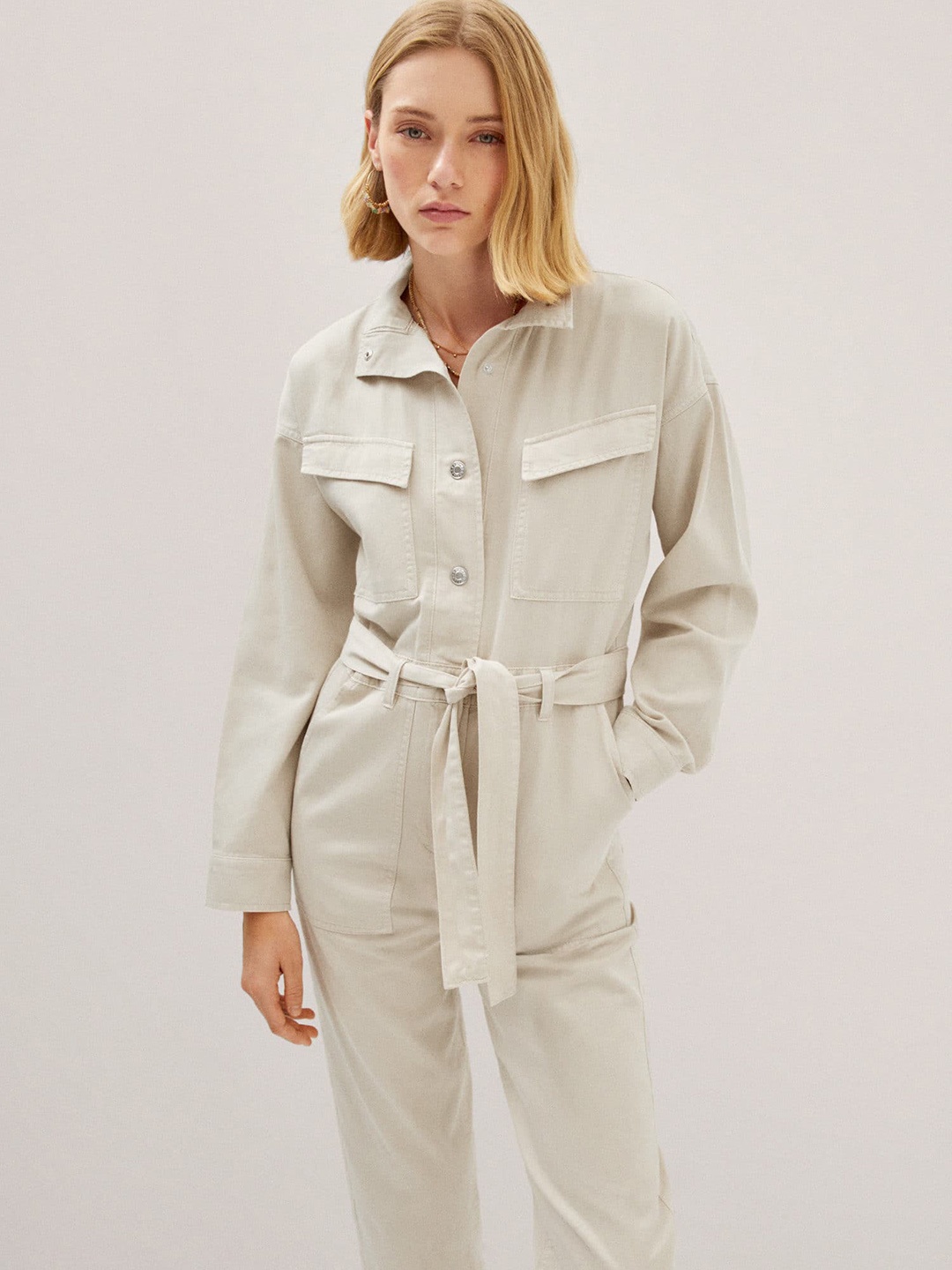 

MANGO Pure Cotton Mock Neck Denim Jumpsuit With Tie-Up Belt, Beige