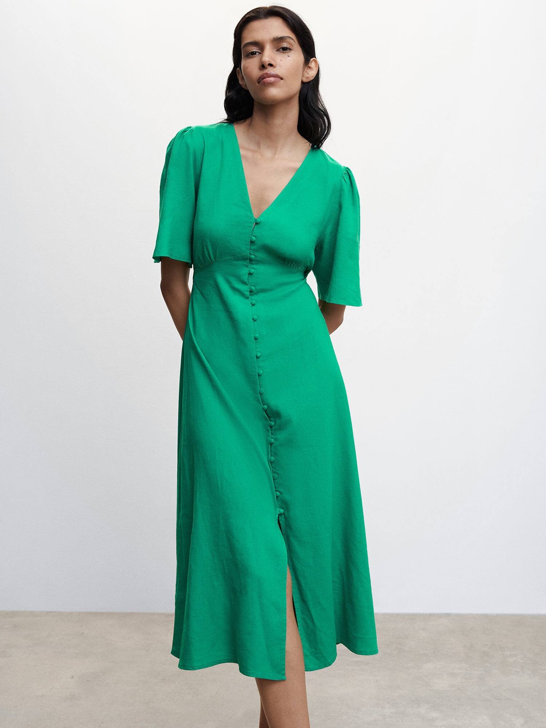 

MANGO Flared Sleeve A-Line Midi Dress, Green