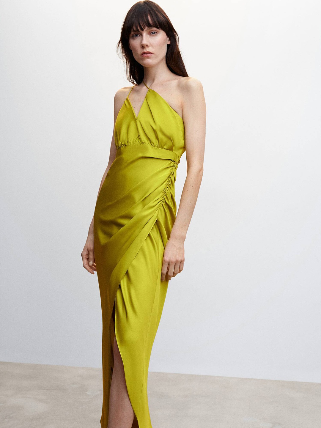 

MANGO Asymmetric Neck Satin-Finish High Slit Maxi Dress, Lime green