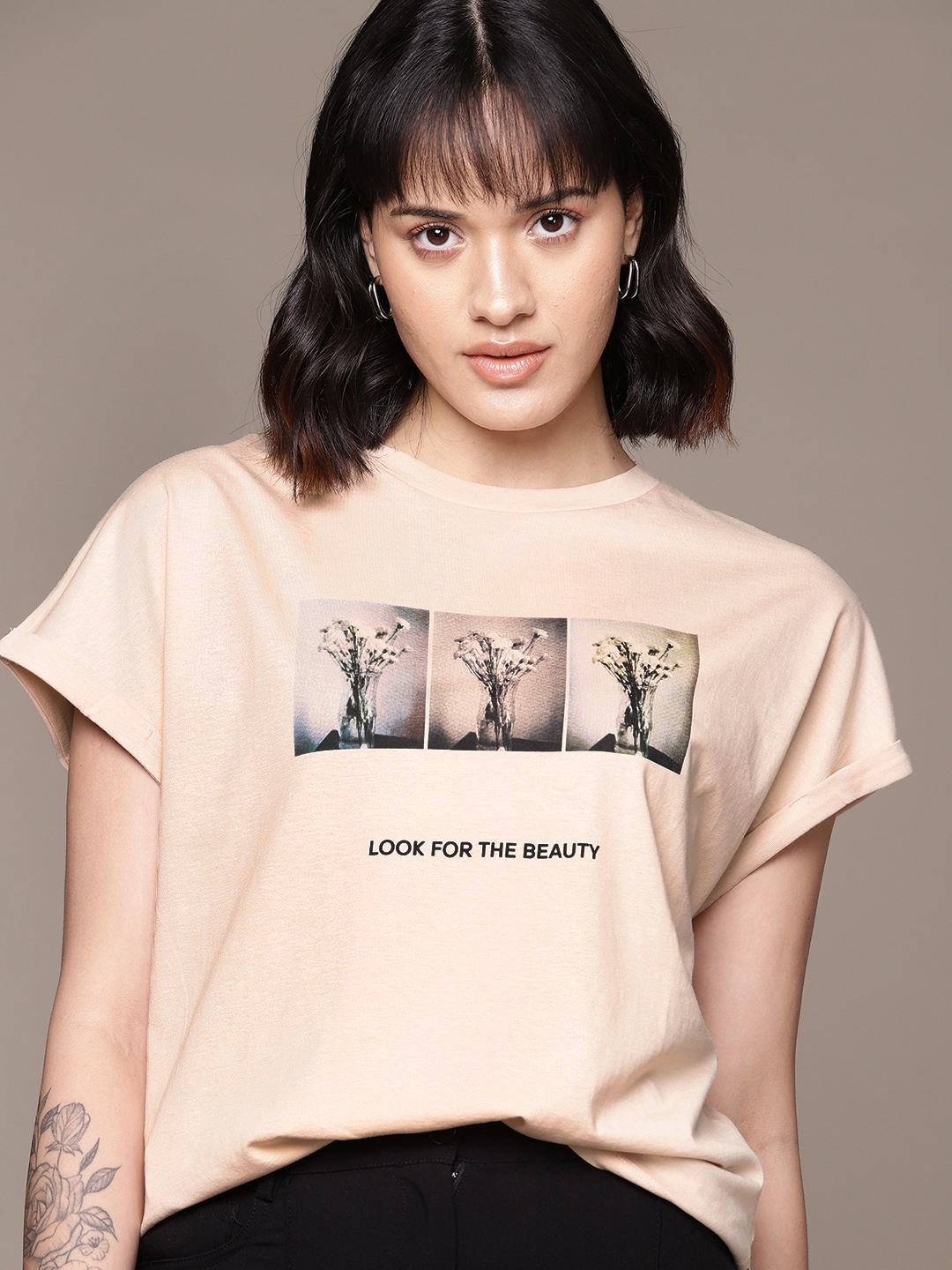 

MANGO Women Graphic Print Pure Cotton T-shirt, Pink
