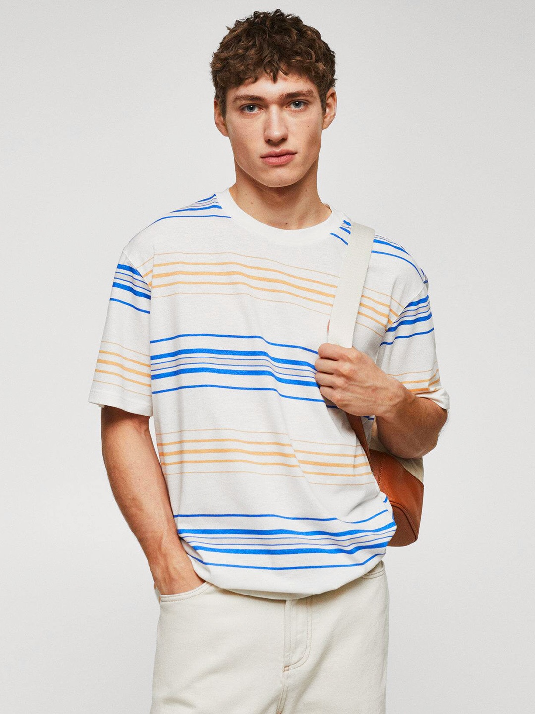 

MANGO MAN Cotton Linen Striped Drop-Shoulder Sleeves T-shirt, White