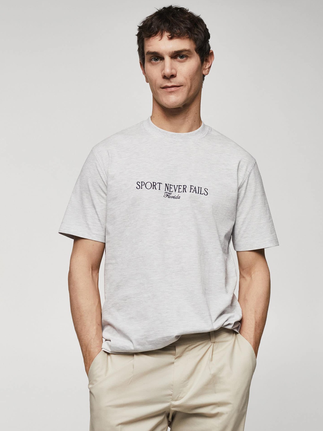 MANGO MAN Typography Printed T-shirt, Grey melange