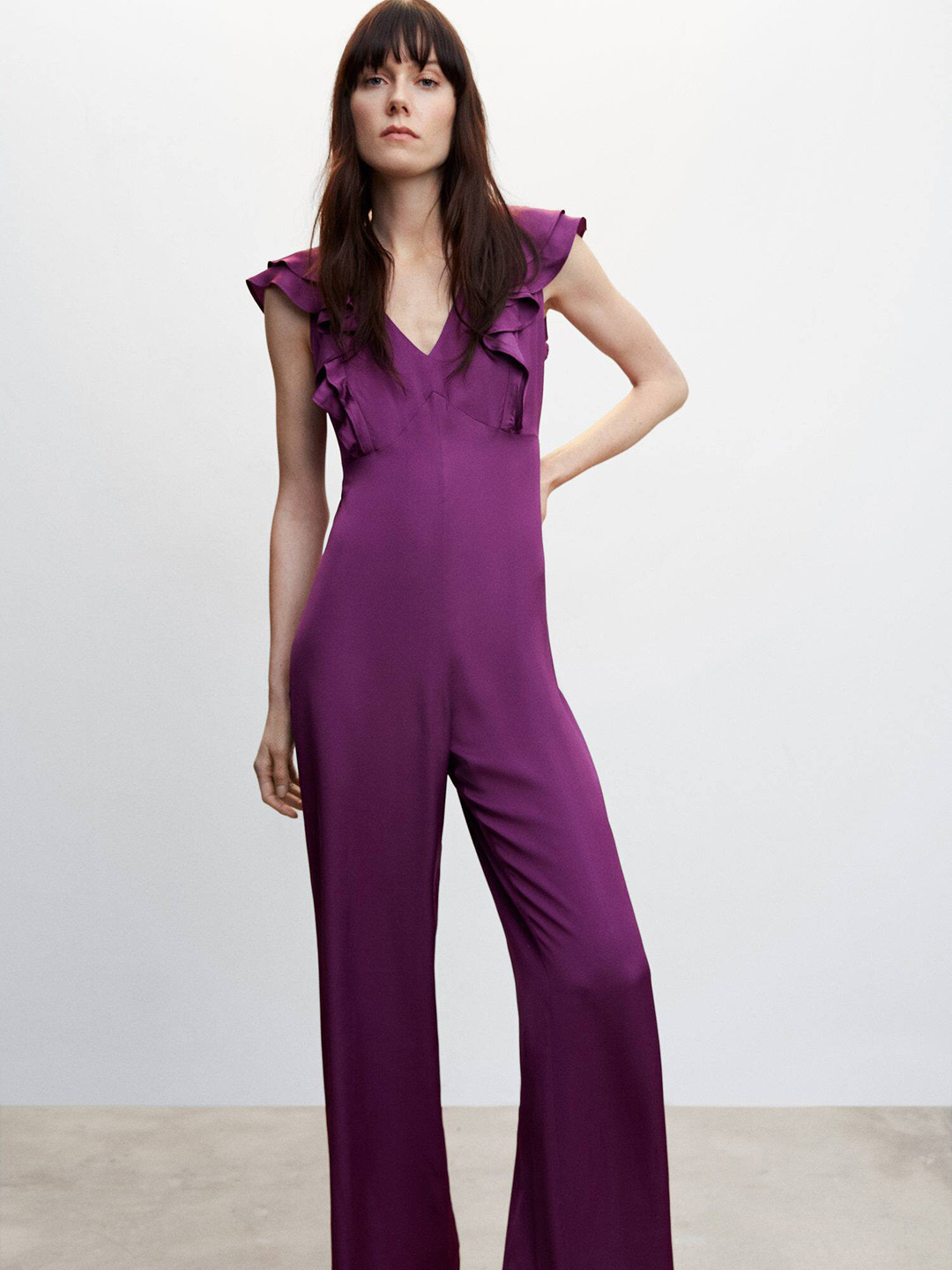 

MANGO V-Neck Flutter Sleeves Open-Back Jumpsuit, Purple