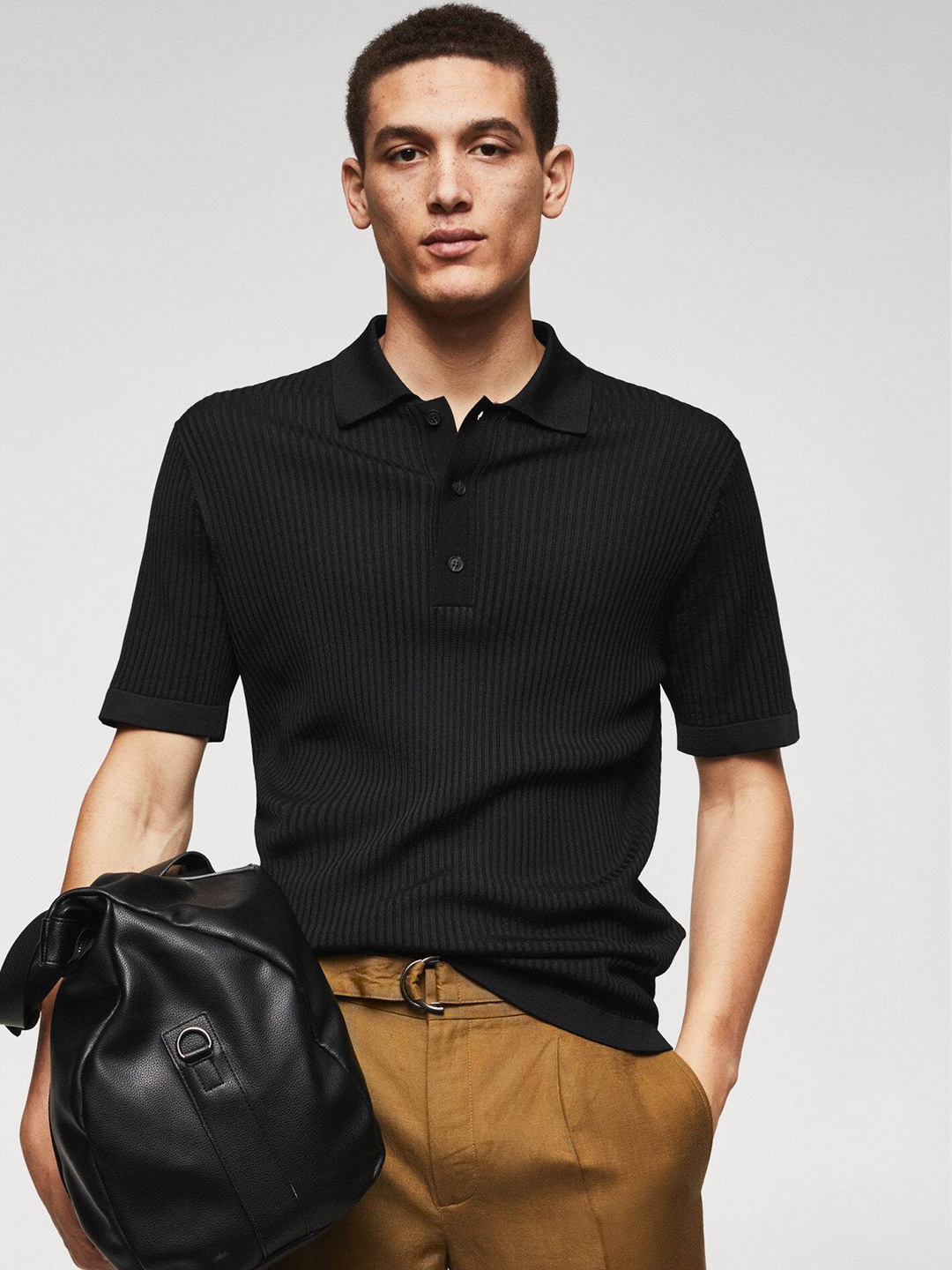 

MANGO MAN Ribbed Knit Polo Collar T-shirt, Black
