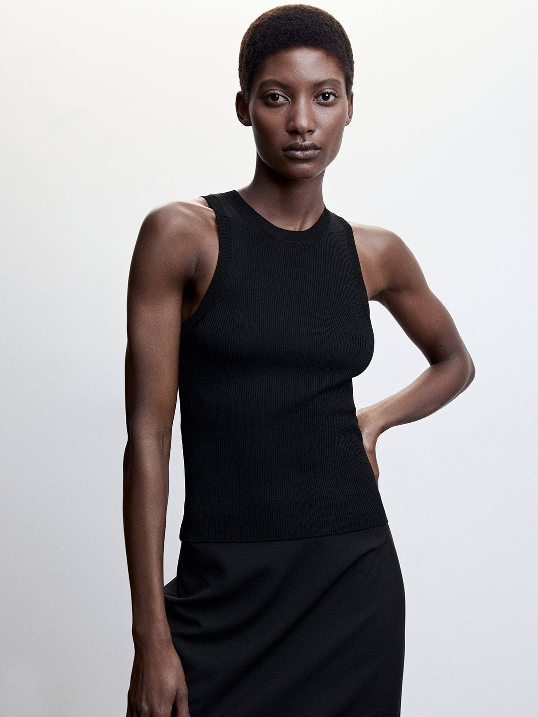

MANGO Round Neck Knitted Top, Black