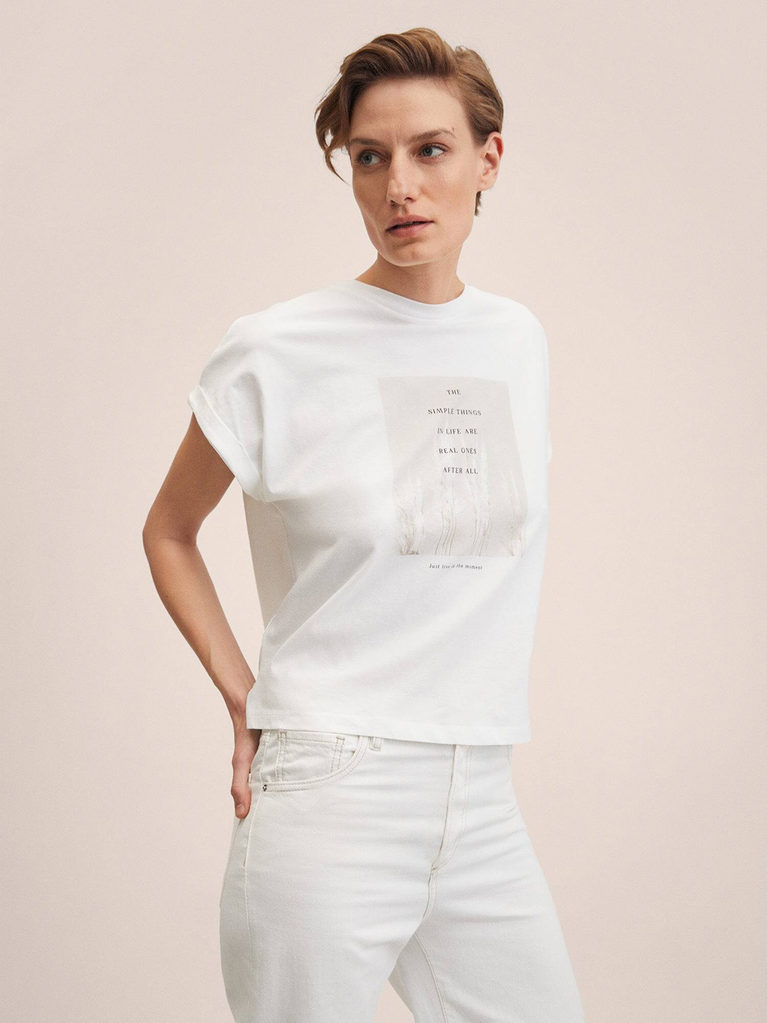 

MANGO Women Printed Pure Cotton T-shirt, White