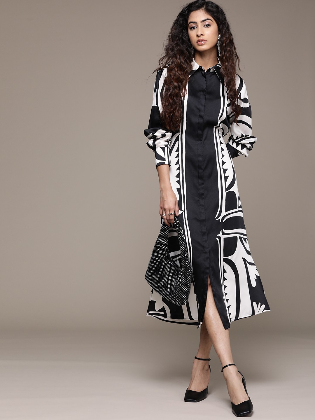

MANGO Abstract Print Satin Shirt Midi Dress, Black