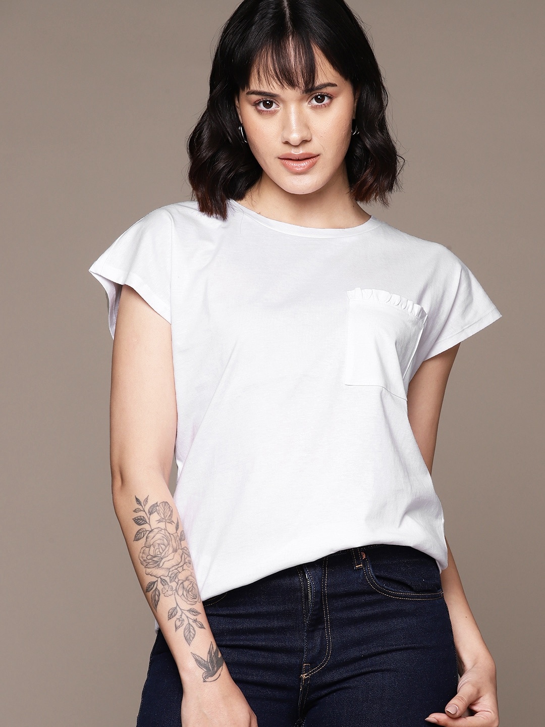 

MANGO Women Extended Sleeves Pure Cotton T-shirt, White