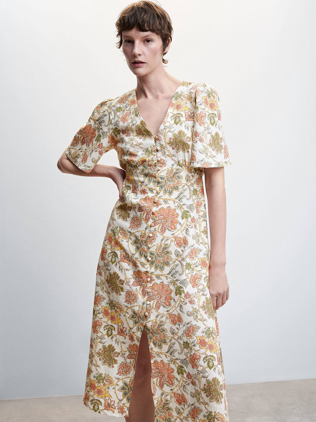 

MANGO Floral Print Flared Sleeve A-Line Midi Dress, Off white
