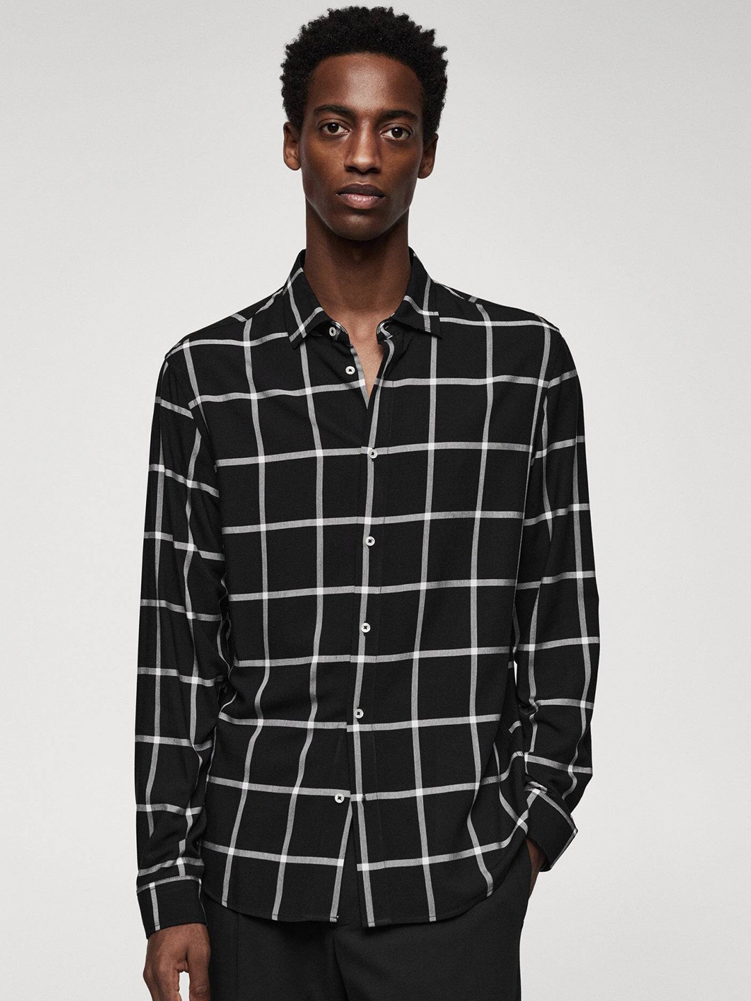 

MANGO MAN Windowpane Opaque Checked Casual Shirt, Black