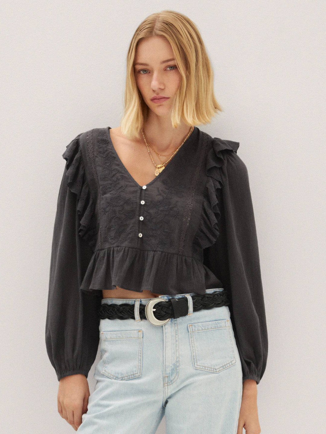 

MANGO Embroidered Puff Sleeve Ruffles Cropped Top, Charcoal