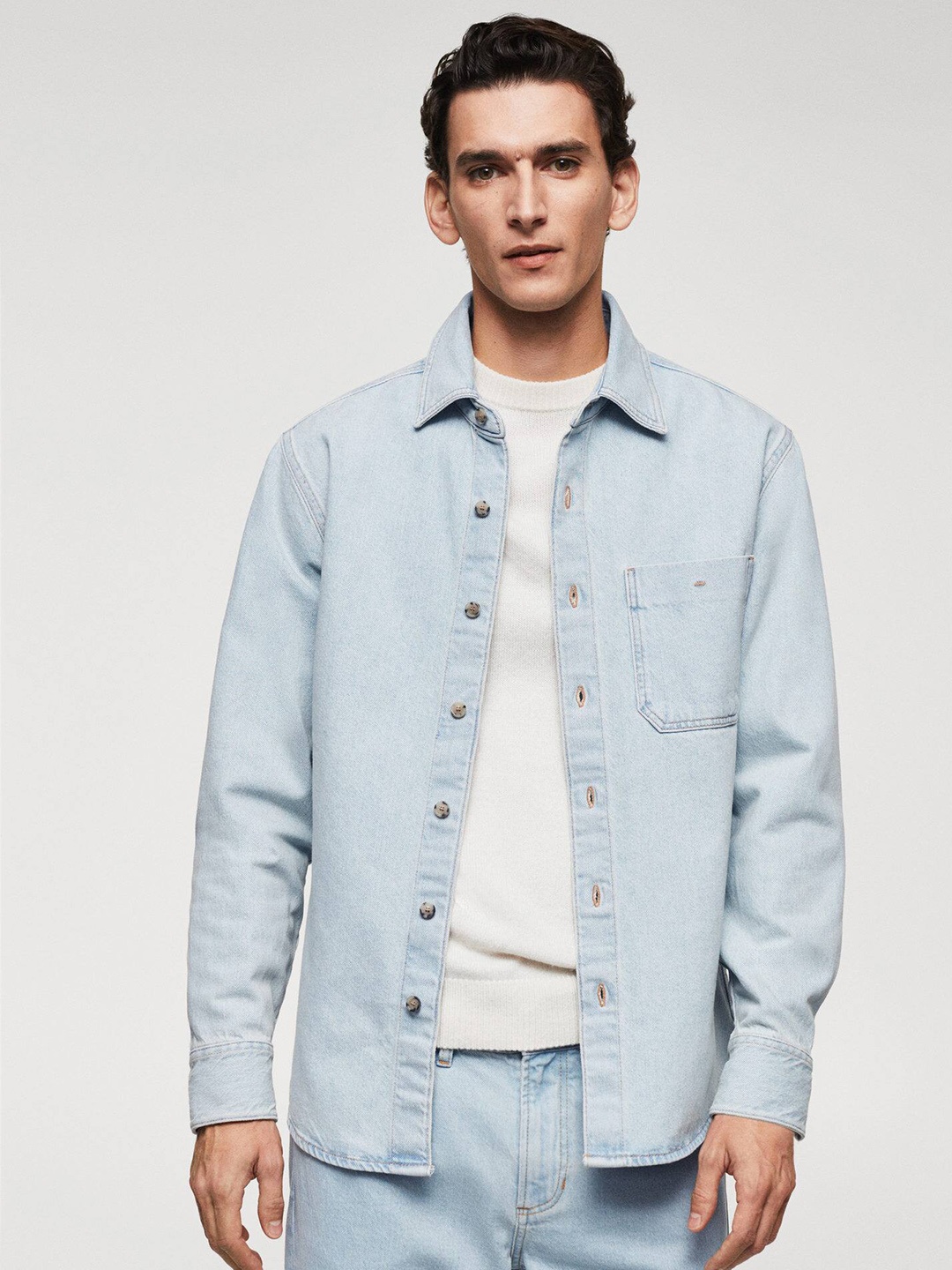 

MANGO MAN Pure Cotton Faded Sustainable Denim Shirt, Blue