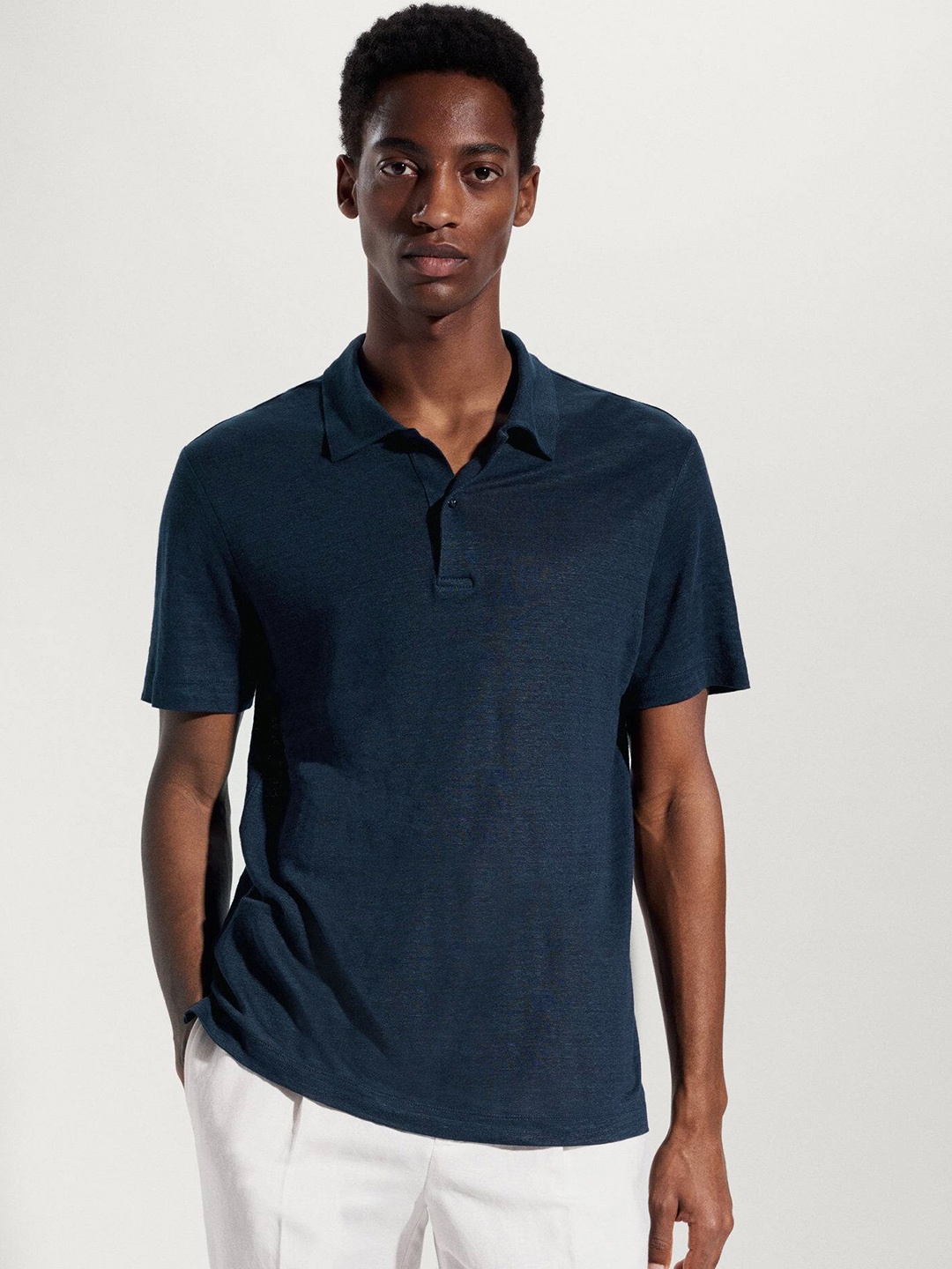 

MANGO MAN Slim Fit Polo Collar Linen T-shirt, Navy blue