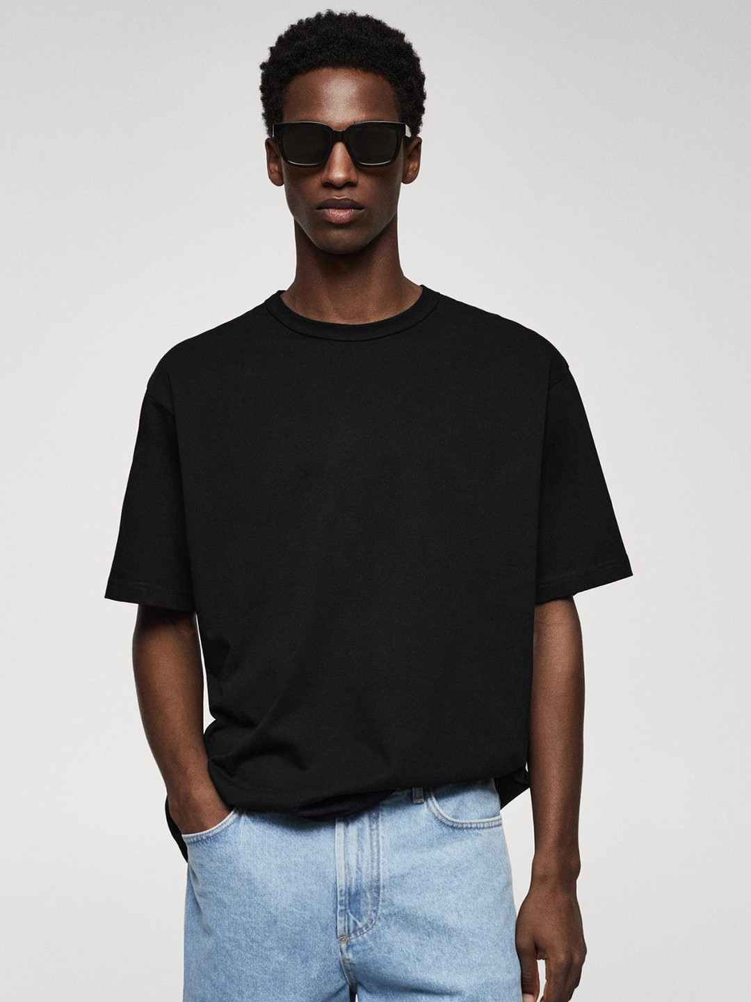 

MANGO MAN Drop-Shoulder Sleeves Pure Cotton T-shirt, Black