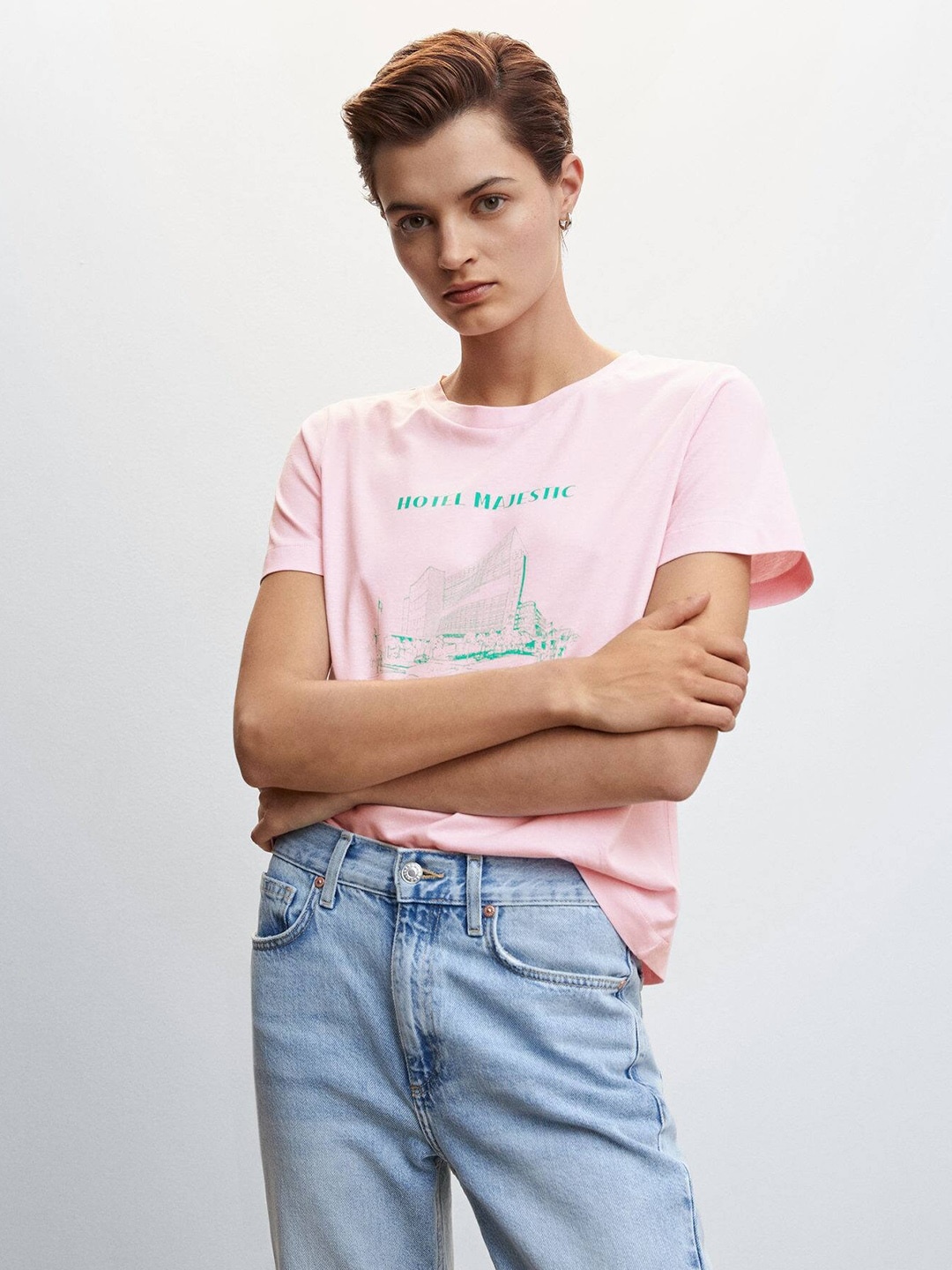 MANGO Typography Printed Pure Cotton T-shirt, Pink