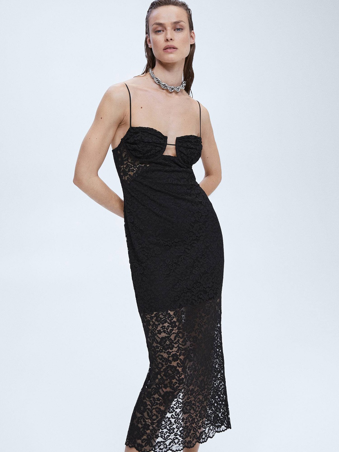 

MANGO Floral Lace Semi-Sheer Midi Dress, Black