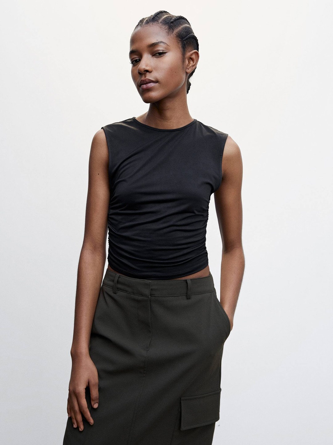 

MANGO Ruched Top, Black