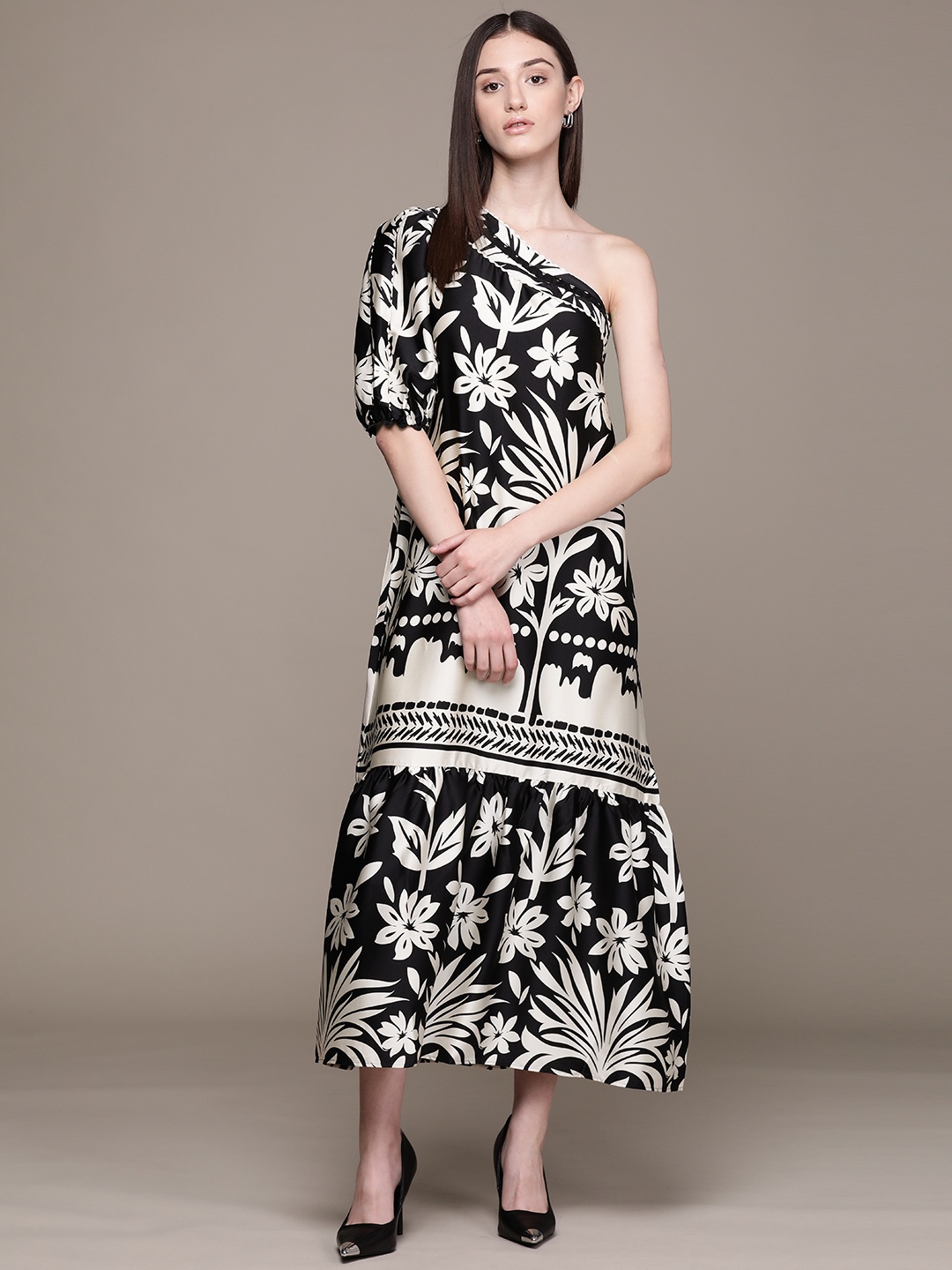 

MANGO Floral Print One-Shoulder Puff Sleeve Satin Maxi Dress, Black