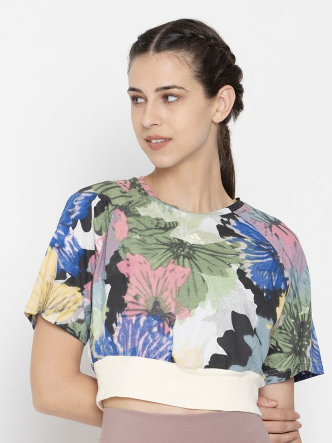 

ADIDAS Women AOP Printed Loose-Fit Cotton Crop T-Shirt, White