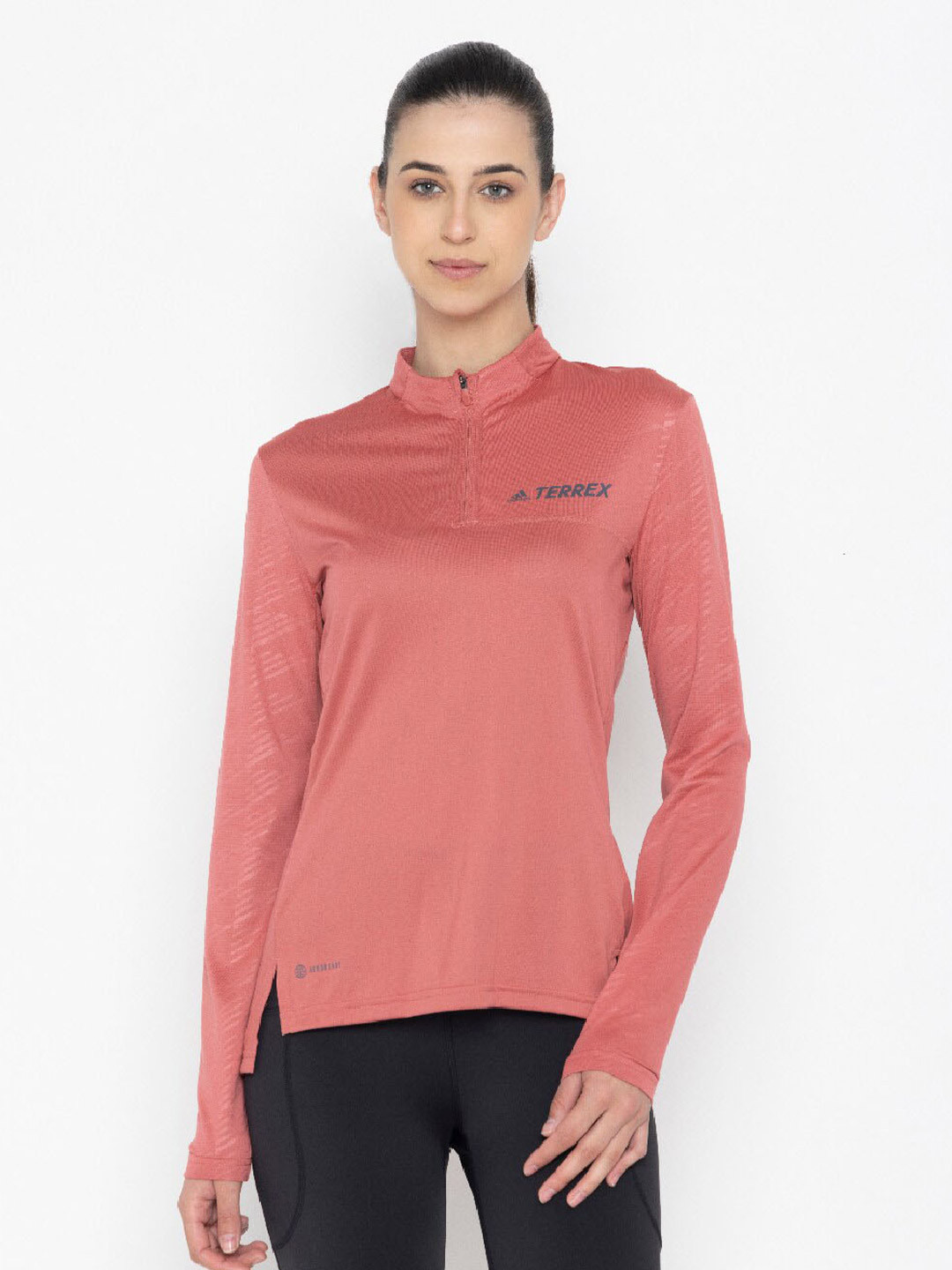 

ADIDAS Women MT Half Zi LS Brand Logo Printed Slim-Fit T-Shirt, Peach