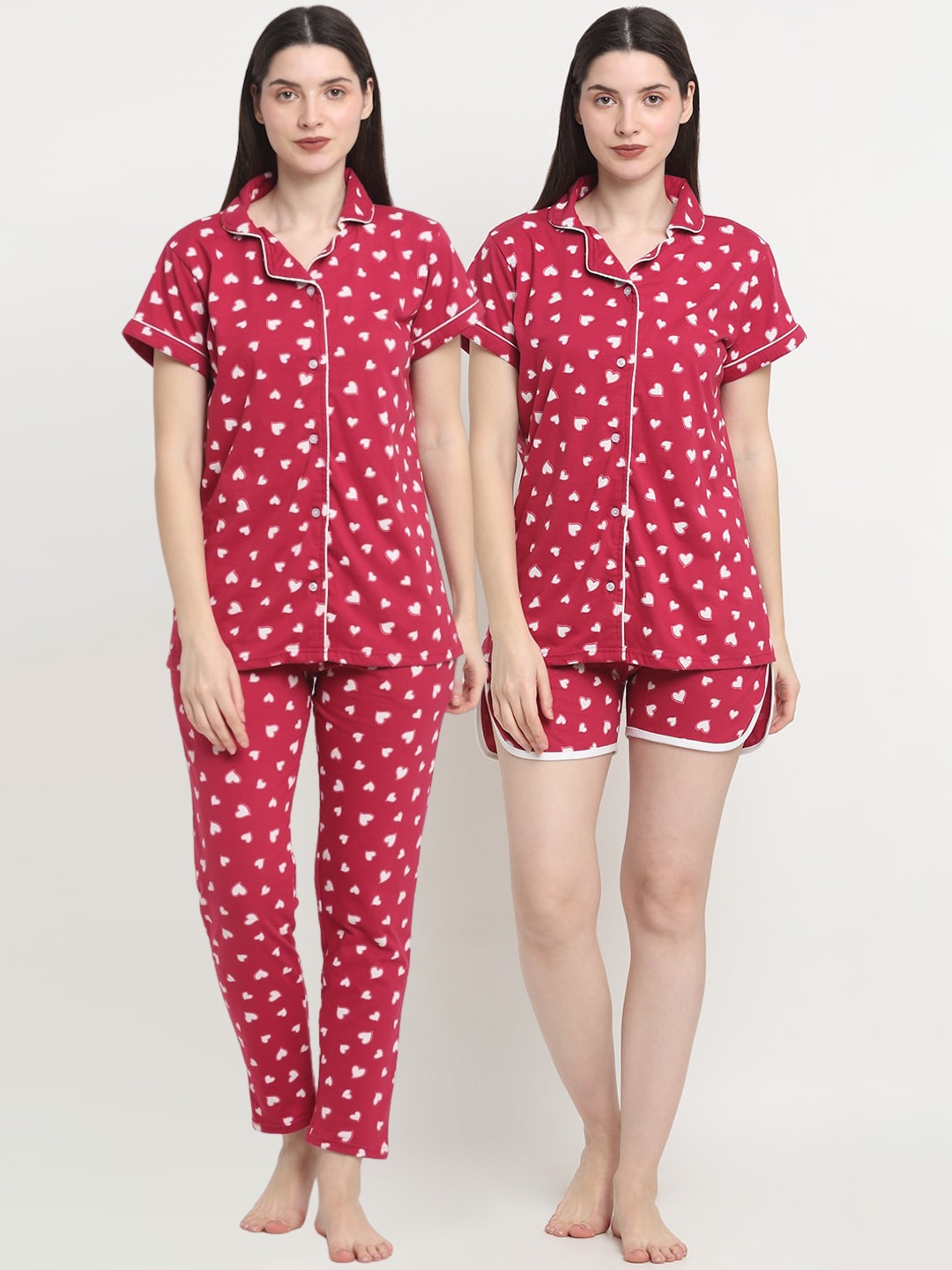 

Creeva 3 Piece Conversational Printed Pure Cotton Night Suit, Maroon