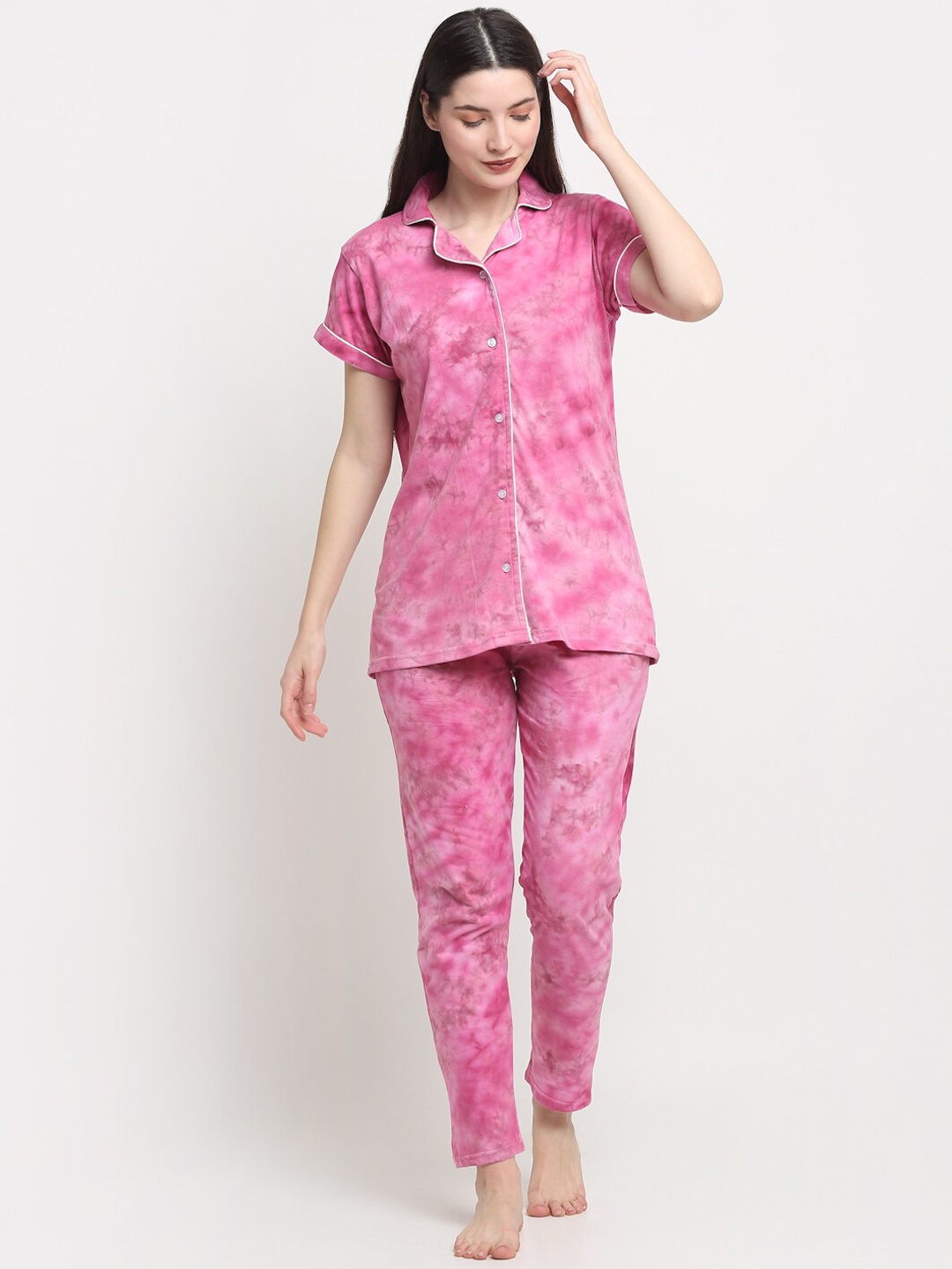 

Creeva Tie & Dye Printed Pure Cotton Night Suit, Fuchsia