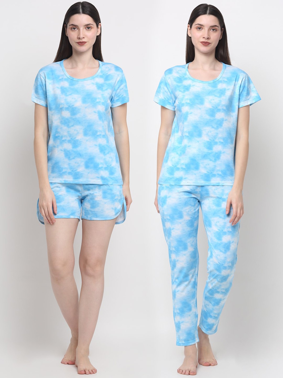 

Creeva 3 Pieces Tie And Dye Printed Pure Cotton Night Suit, Blue