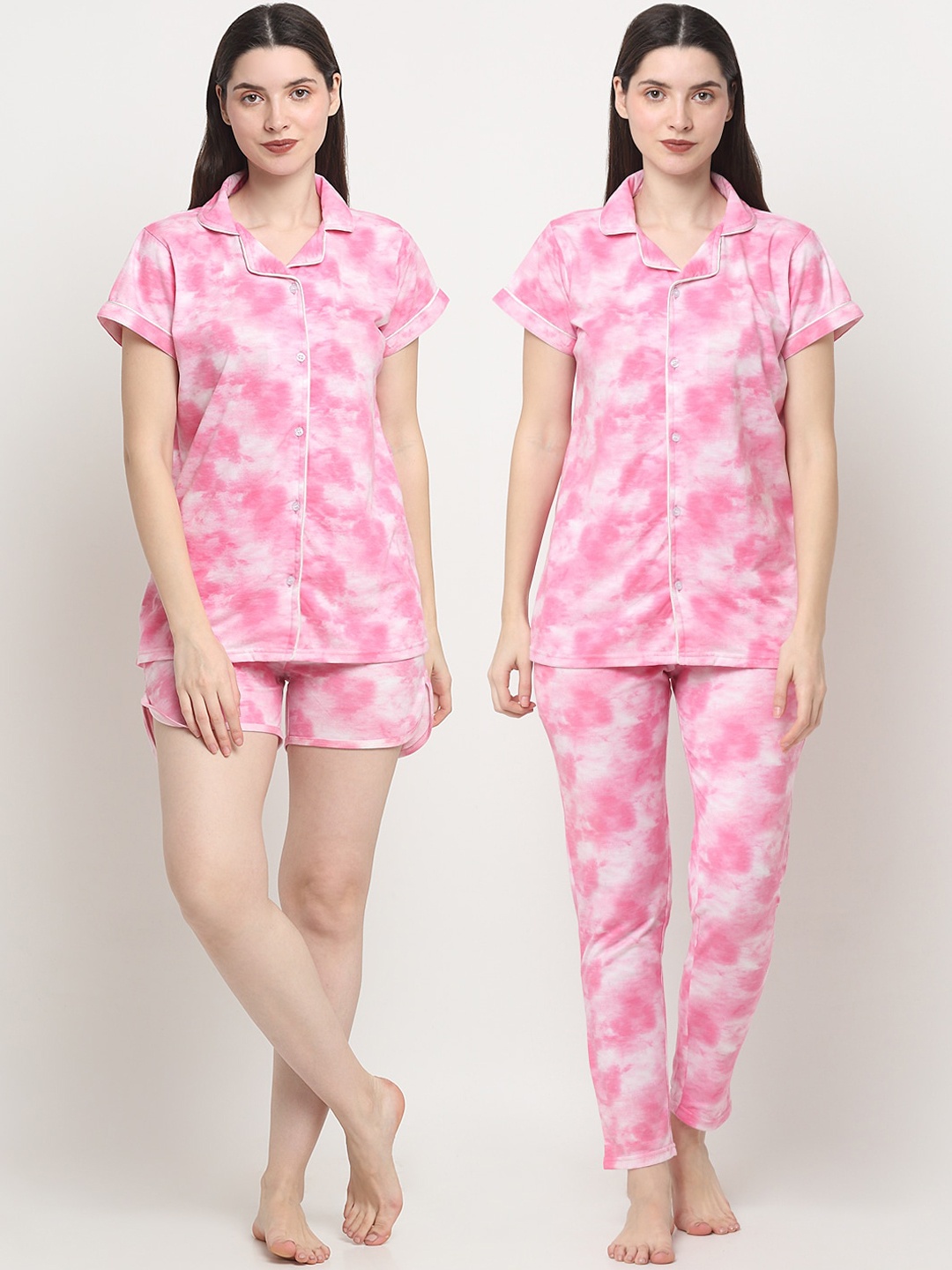 

Creeva 3 Piece Tie & Dye Printed Pure Cotton Night Suit, Pink