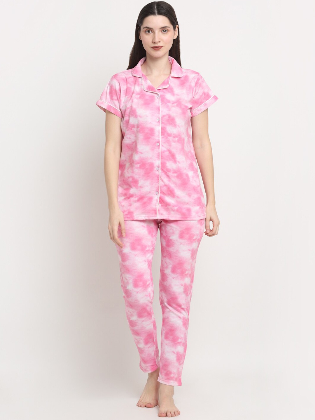 

Creeva Tie And Dye Printed Pure Cotton Night Suit, Rose