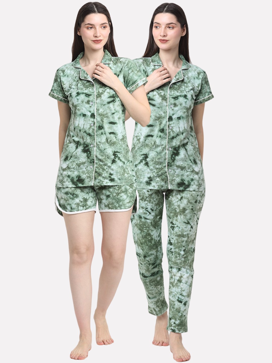 

Creeva 3 Piece Tie & Dye Printed Pure Cotton Night Suit, Green