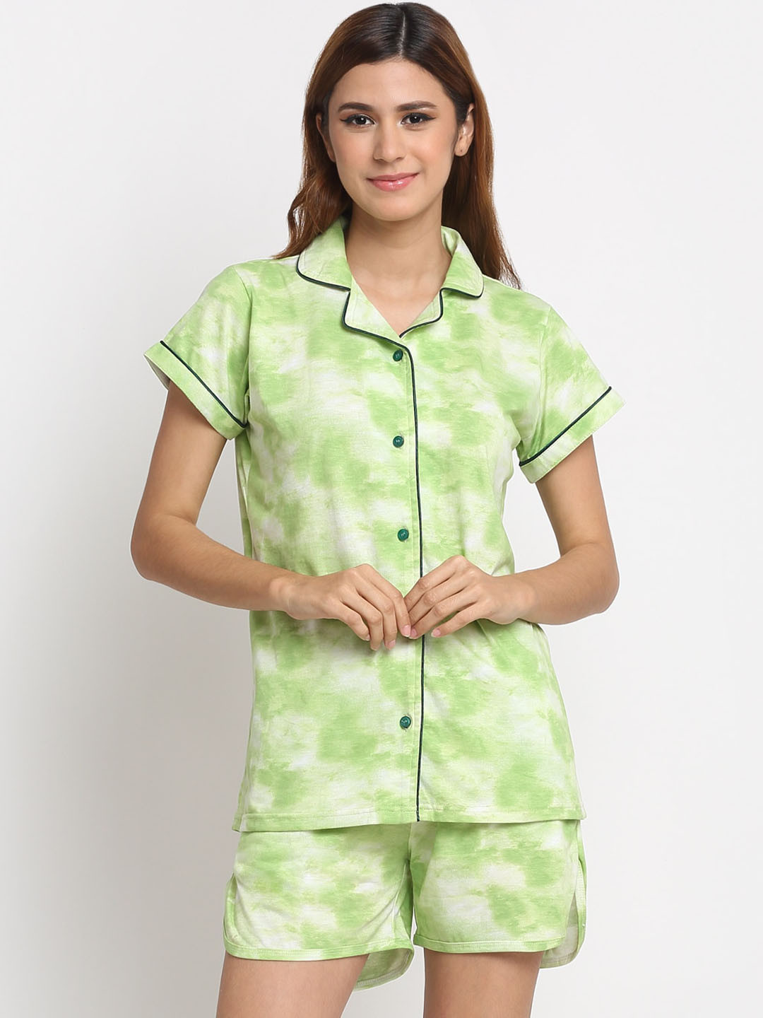 

Creeva Tie & Dye Printed Pure Cotton Night Suit, Green