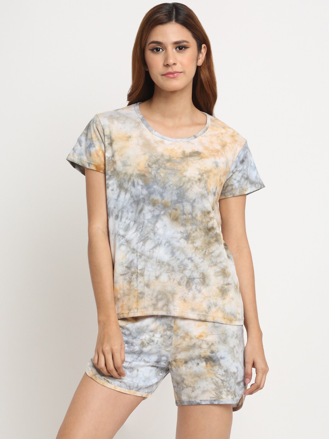 

Creeva Tie & Dye Printed Pure Cotton Night Suit, Beige