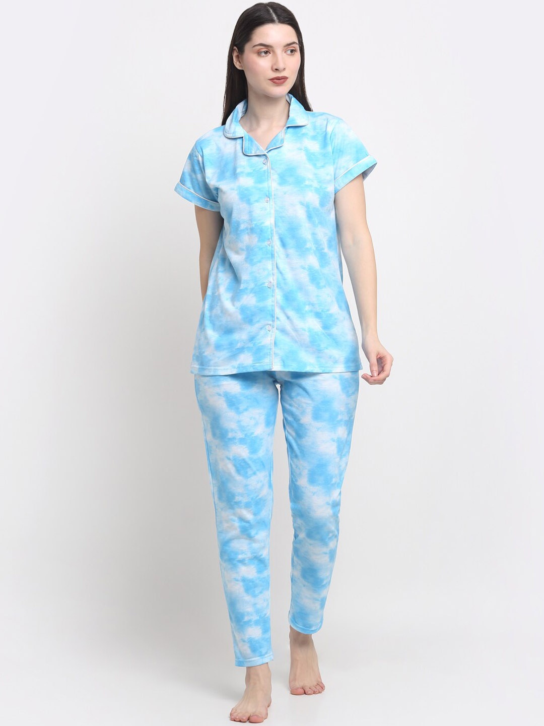 

Creeva Tie & Dye Printed Pure Cotton Night Suit, Blue