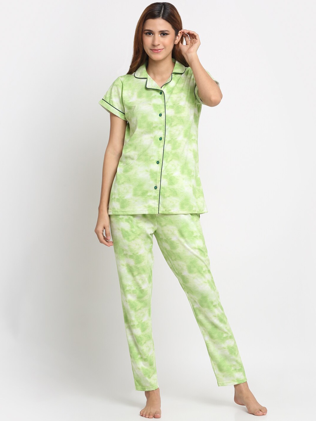 

Creeva Tie And Dye Printed Pure Cotton Night Suit, Green