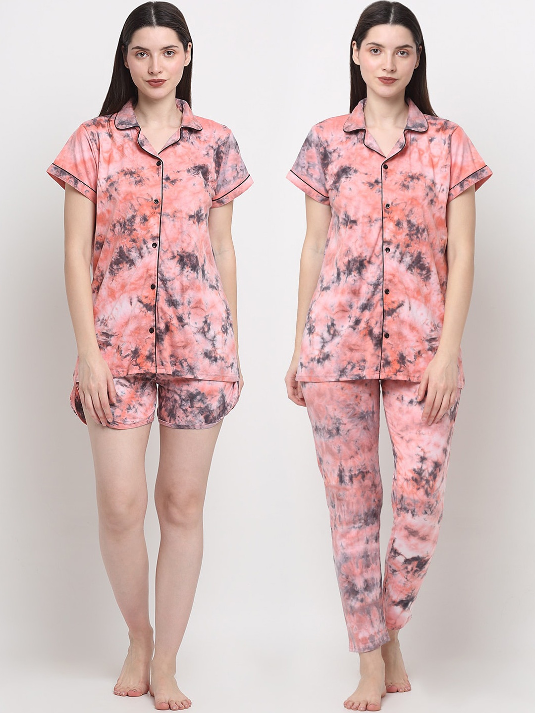

Creeva 3 Piece Tie & Dye Printed Pure Cotton Night Suit, Coral