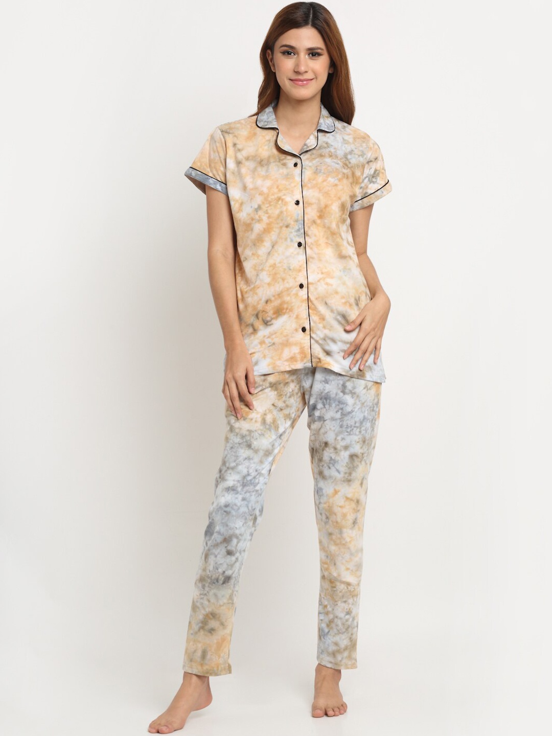 

Creeva Tie & Dye Printed Pure Cotton Night Suit, Orange