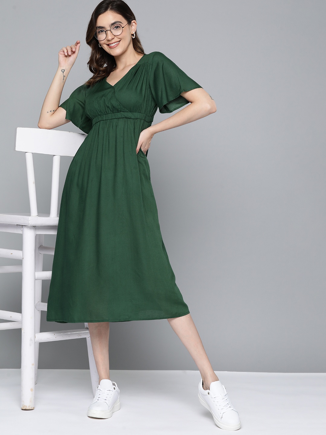 

Mast & Harbour Flared Sleeves Midi Dress, Green