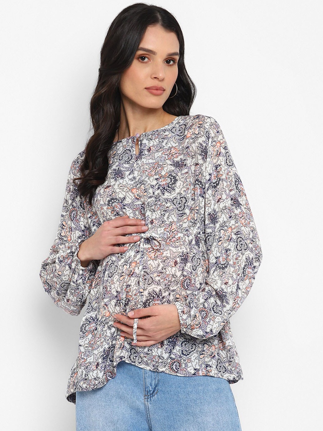 

Momsoon Maternity Floral Printed Keyhole Neck Top, White