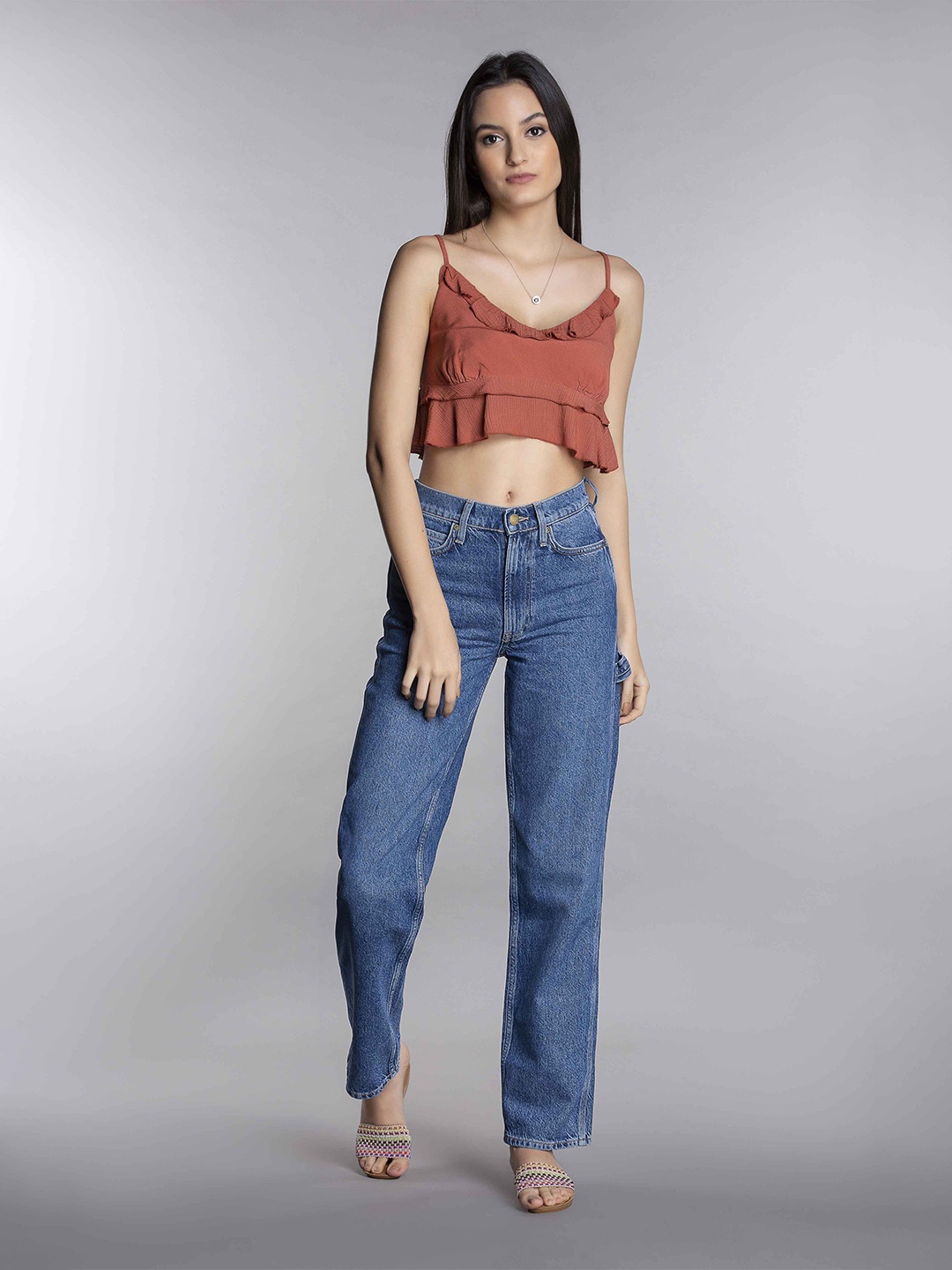 

MKOAL Shoulder Straps Ruffled Pure Cotton Crop Top, Copper