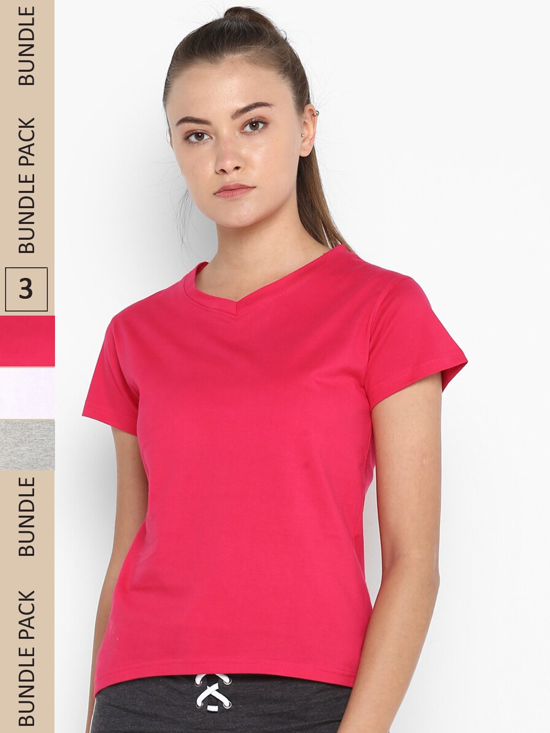 

appulse Pack Of 3 V-Neck Pure Cotton Slim Fit T-shirt, Pink